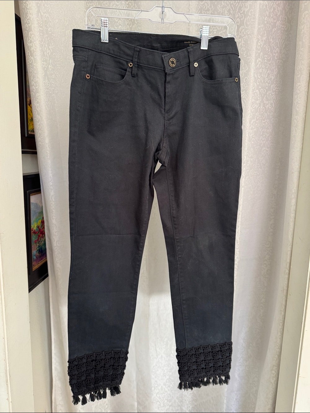 LILY PULITZER South Ocean Skinny crop Jeans with Crochet Fringe Hem Sz: 10